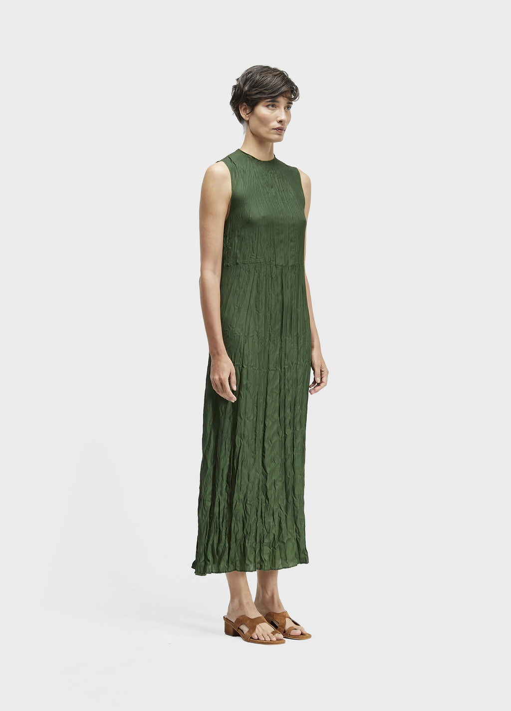 Vestido Sleeveless Wrinkled Satin Double Verde Musgo/Lima – Osklen – foto 4