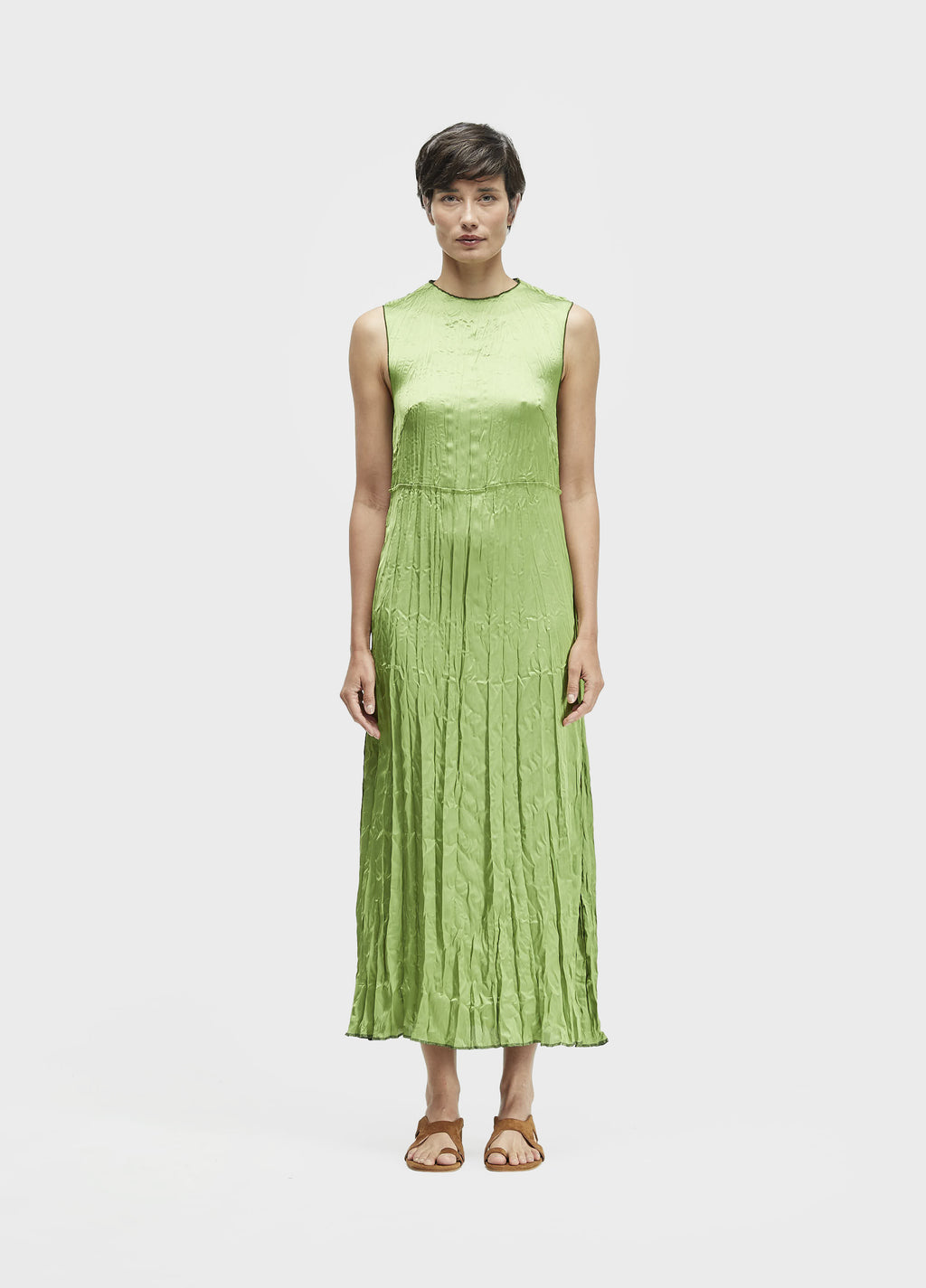 Vestido Sleeveless Wrinkled Satin Double Verde Musgo/Lima – Osklen – foto 2