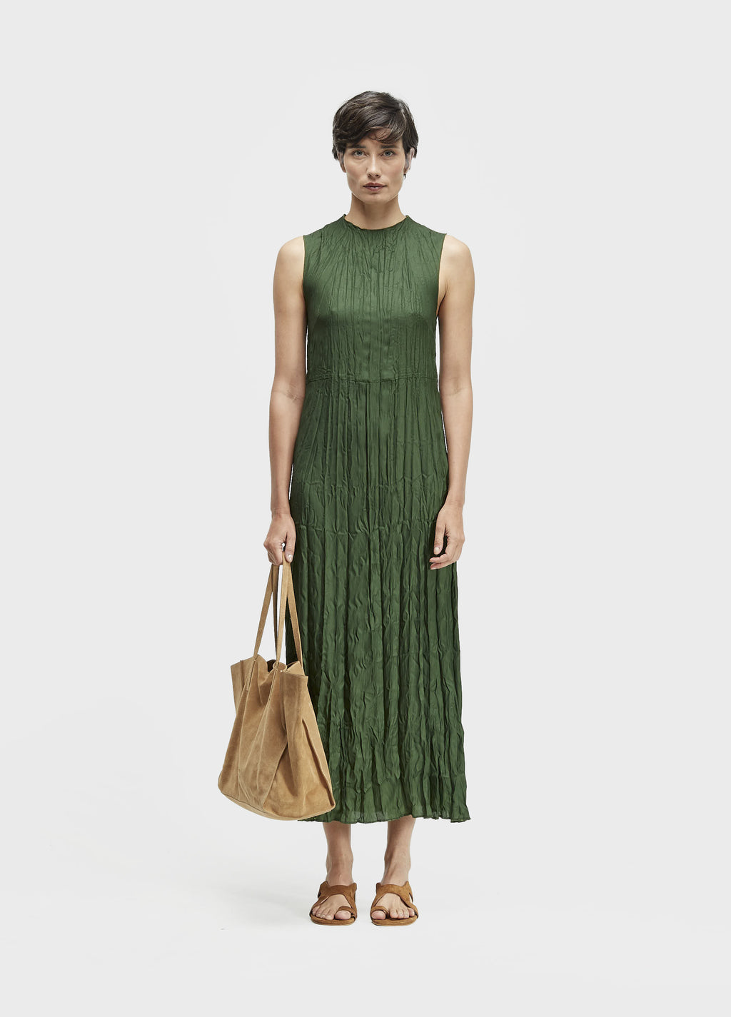 Vestido Sleeveless Wrinkled Satin Double Verde Musgo/Lima – Osklen – foto 1